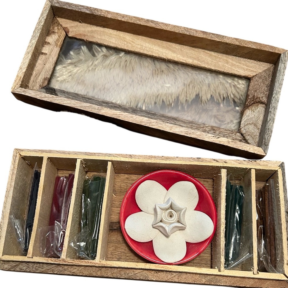 Rustic Wooden Incense Holder with Red and Cream Accents